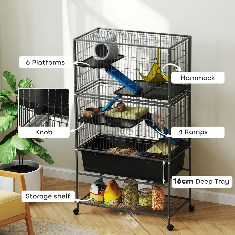 59" 5-Level Small Animal Cage, Rolling Ferret Cage with 6.3" Deep Tray, Non-Slip Cloth Covered Ramps, Hammock, Dark Gray view 4