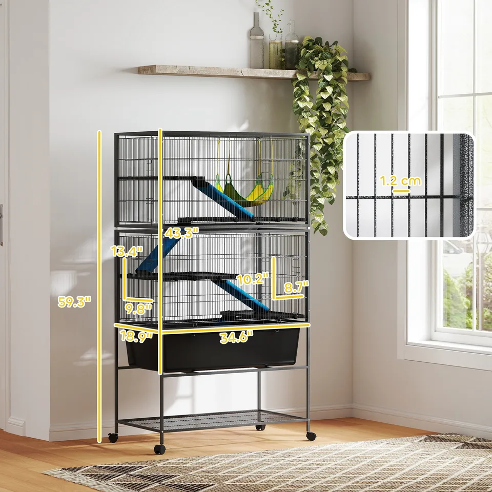 59" 5-Level Small Animal Cage, Rolling Ferret Cage with 6.3" Deep Tray, Non-Slip Cloth Covered Ramps, Hammock, Dark Gray view 3