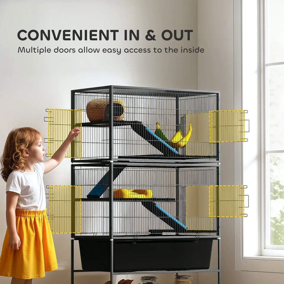 59" 5-Level Small Animal Cage, Rolling Ferret Cage with 6.3" Deep Tray, Non-Slip Cloth Covered Ramps, Hammock, Dark Gray view 2