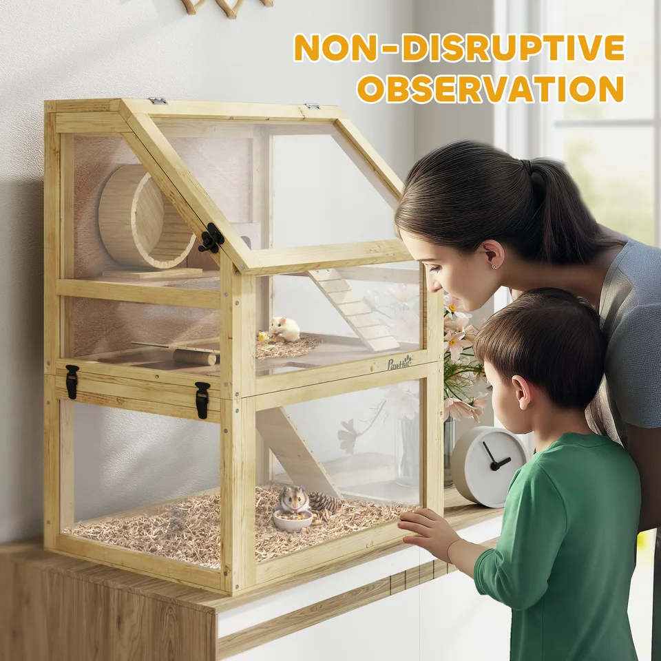 3 Tier Wooden Hamster Cage w/ Detachable Bottom, Hut, Seesaw, Exercise Wheel, Ramps, 24" x 16" x 29.5" view 3