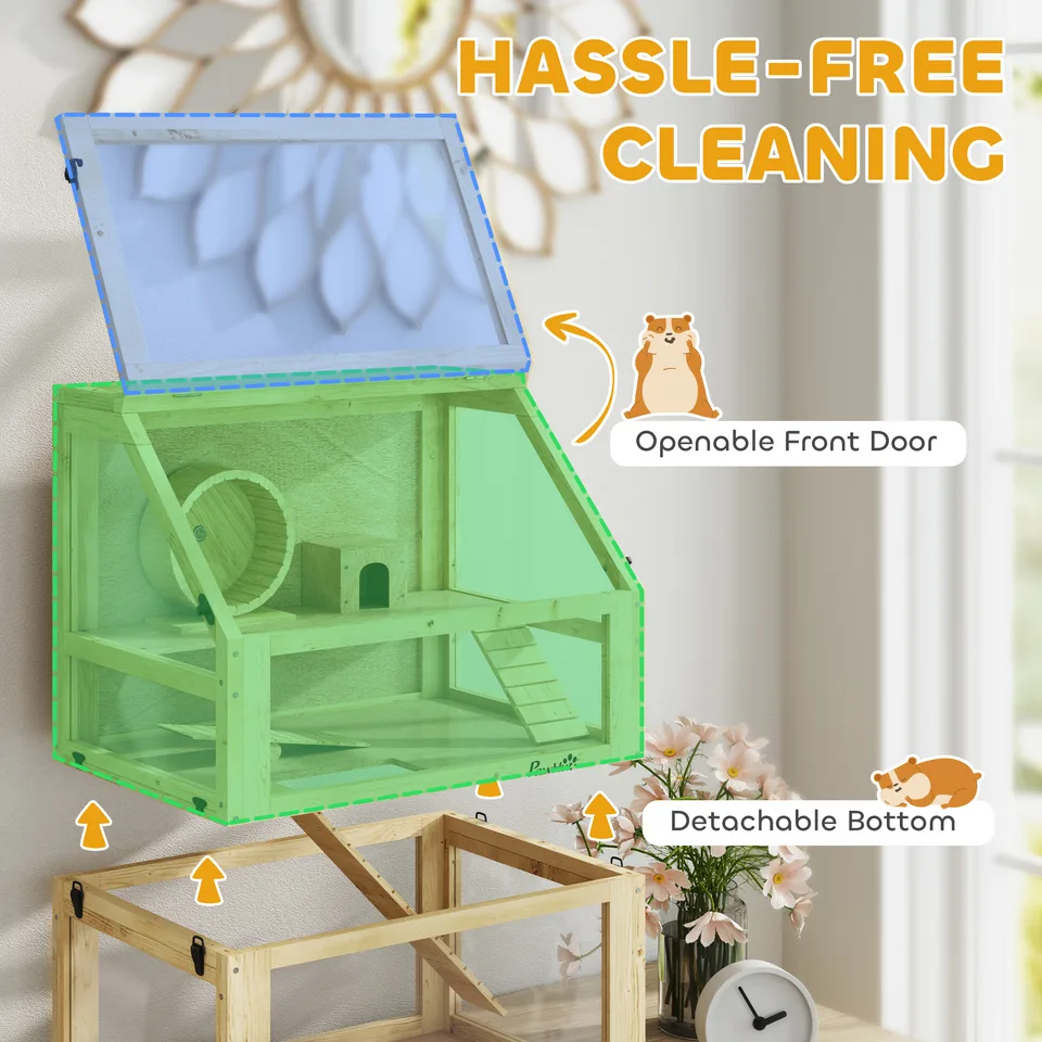 3 Tier Wooden Hamster Cage w/ Detachable Bottom, Hut, Seesaw, Exercise Wheel, Ramps, 24" x 16" x 29.5" view 2