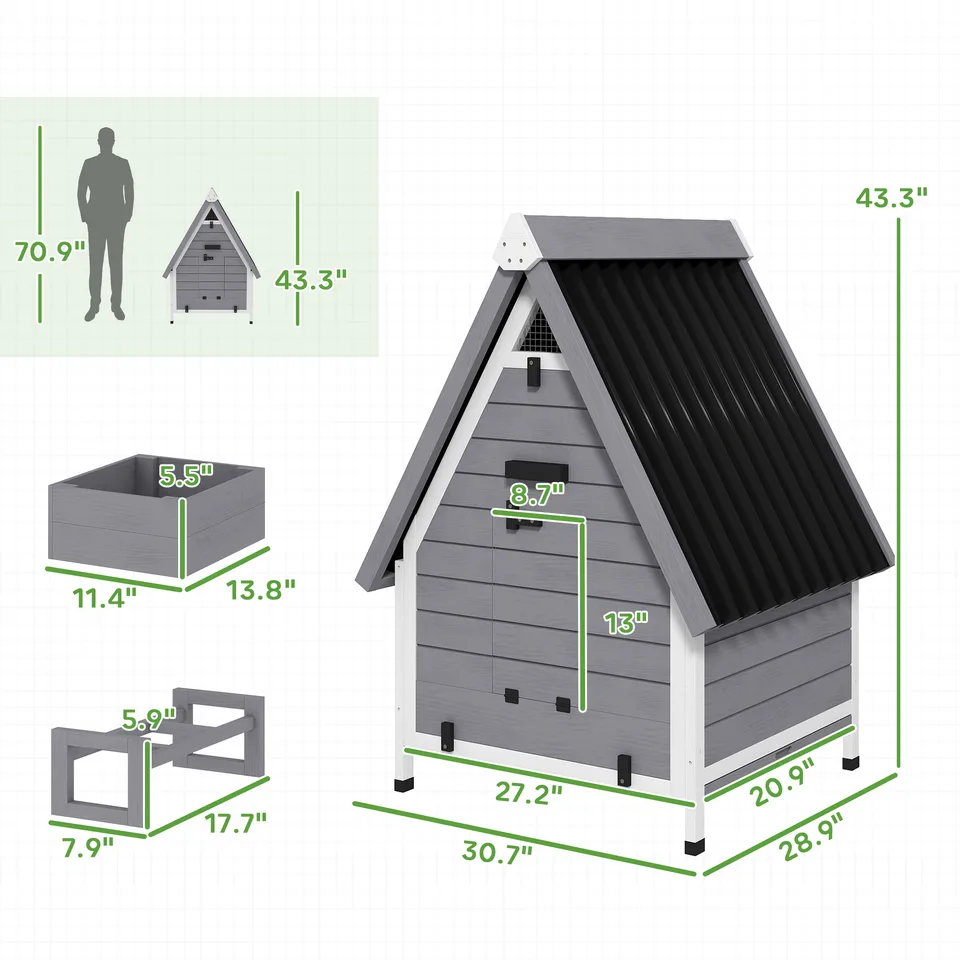 Chicken Coop for 2 Chickens, Outdoor Wooden Chicken House with Removable Nesting Box & Roosting Bar, Tray, Ramp view 2