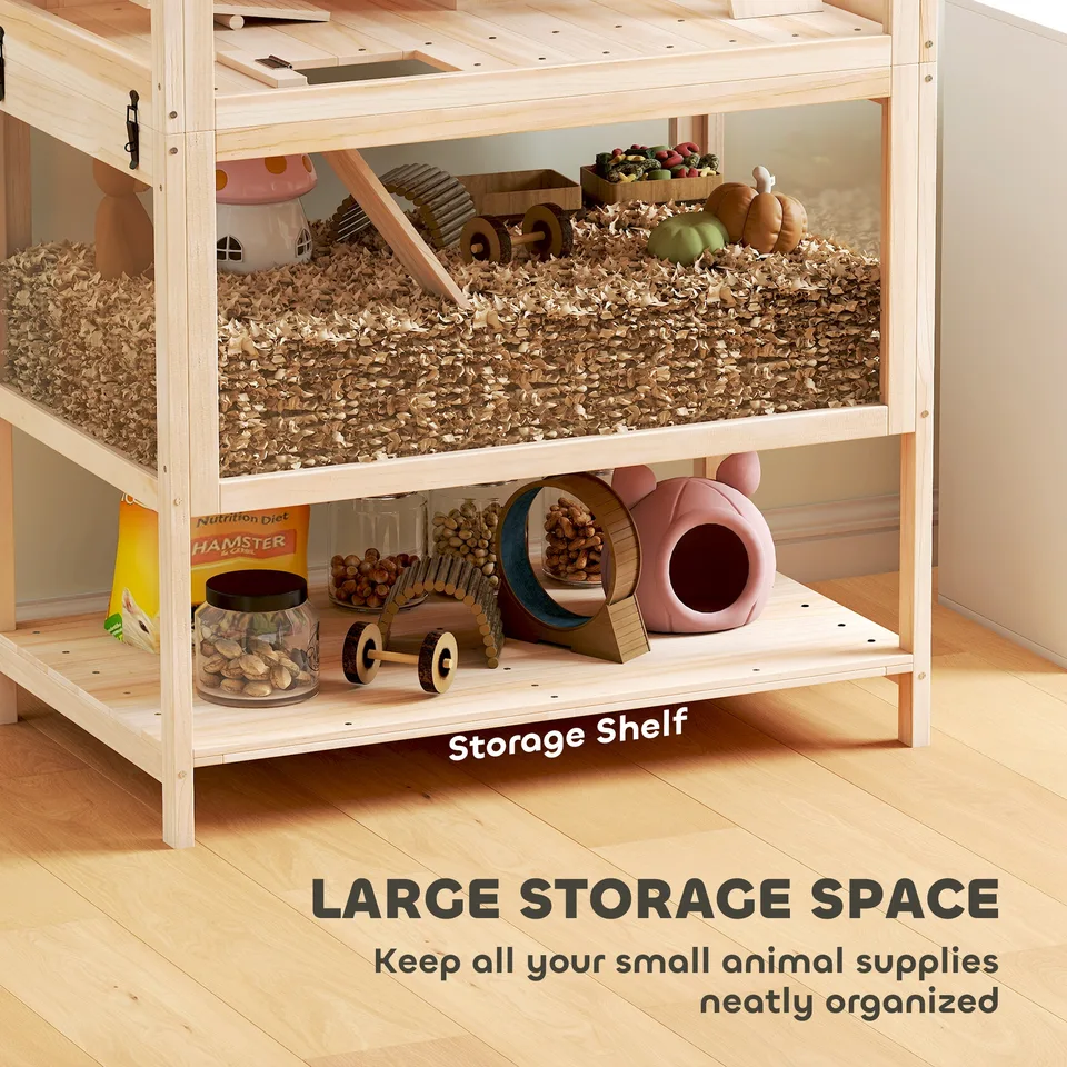 Wooden Hamster Cage with Detachable Lower Floor, Storage Shelf, Hut, Seesaw, Exercise Wheel, Ramps for Dwarf view 2