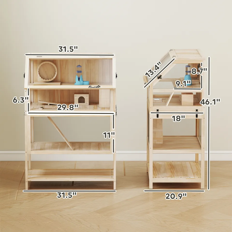 Wooden Hamster Cage with Detachable Lower Floor, Storage Shelf, Hut, Seesaw, Exercise Wheel, Ramps for Dwarf view 3