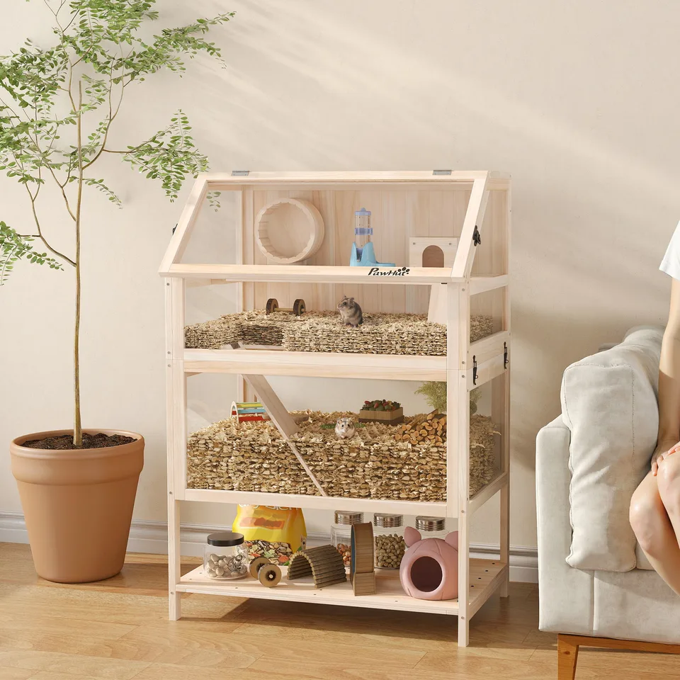 Wooden Hamster Cage with Detachable Lower Floor, Storage Shelf, Hut, Seesaw, Exercise Wheel, Ramps for Dwarf