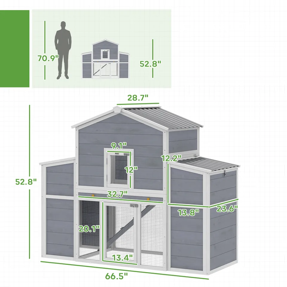 66.5" Large Chicken Coop, Wooden Chicken House with 2 Nesting Boxes, Sliding Tray & Ramp, for Backyard Farm view 4