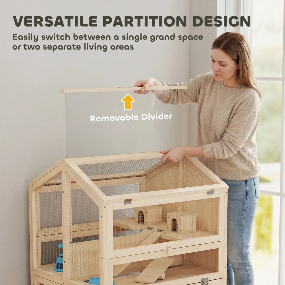 Wooden Hamster Cage, Large 3 Tier Hamster Cage w/ Pull-Out Tray, Openable Top, Hut, Seesaws, 26.8"L x 24.2"W x 35.4"H view 3