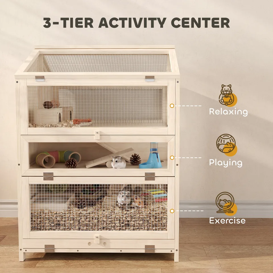 Wooden Hamster Cage, Large 3 Tier Hamster Cage w/ Pull-Out Tray, Openable Top, Hut, Seesaws, 26.8"L x 24.2"W x 35.4"H view 2