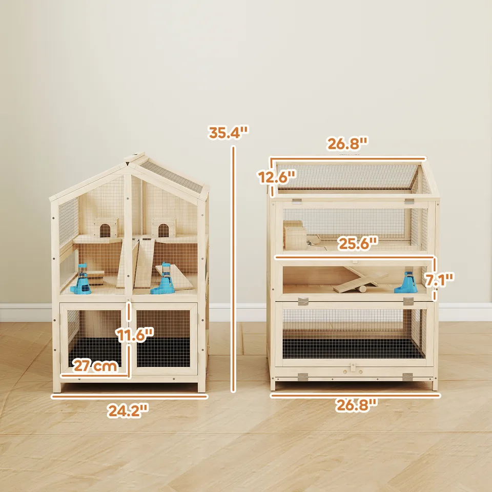 Wooden Hamster Cage, Large 3 Tier Hamster Cage w/ Pull-Out Tray, Openable Top, Hut, Seesaws, 26.8"L x 24.2"W x 35.4"H view 4