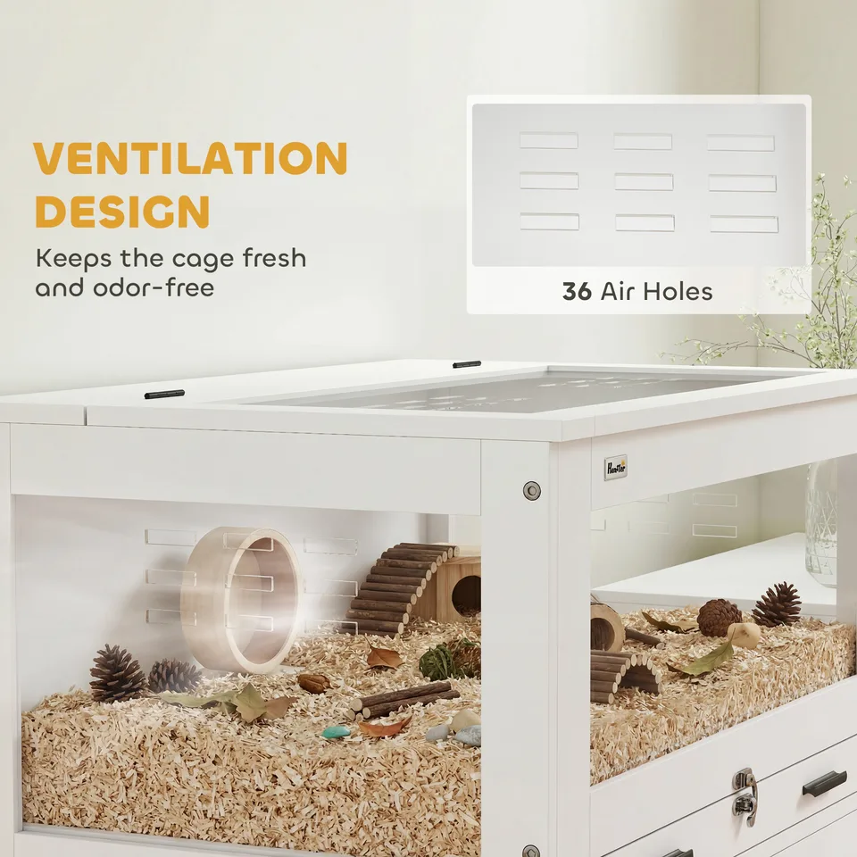 Hamster Cage with Storage Cabinet, Small Animal Cage with Pull Out Drawer and Acrylic Panels, 30" x 19.5" x 36" view 2
