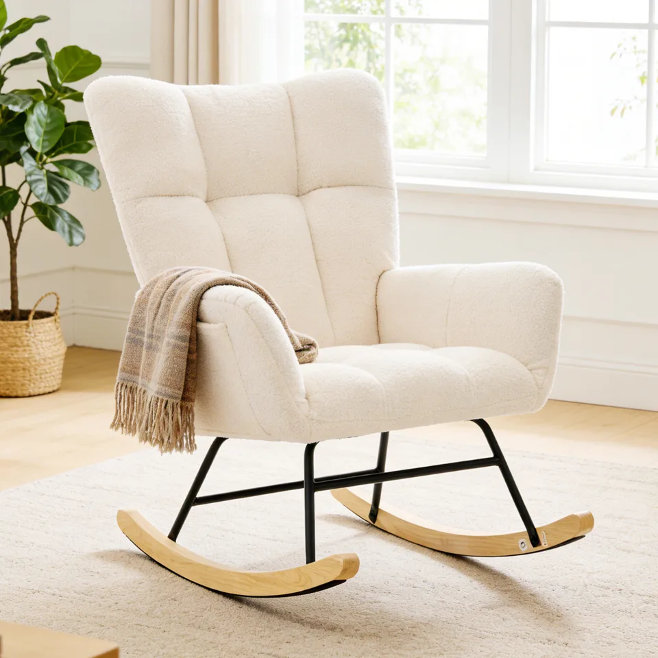 Swing Chair, Made Of Teddy Fabric, Equipped With A High Backrest And A Seat With A Cushion.