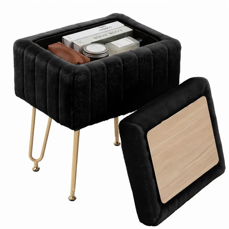 A Luxurious Seating Chair With Storage Function, A Small Oval Leather Imitation-fur Soft Cushioned Footstool, Equipped With 4 Metal Legs view 3