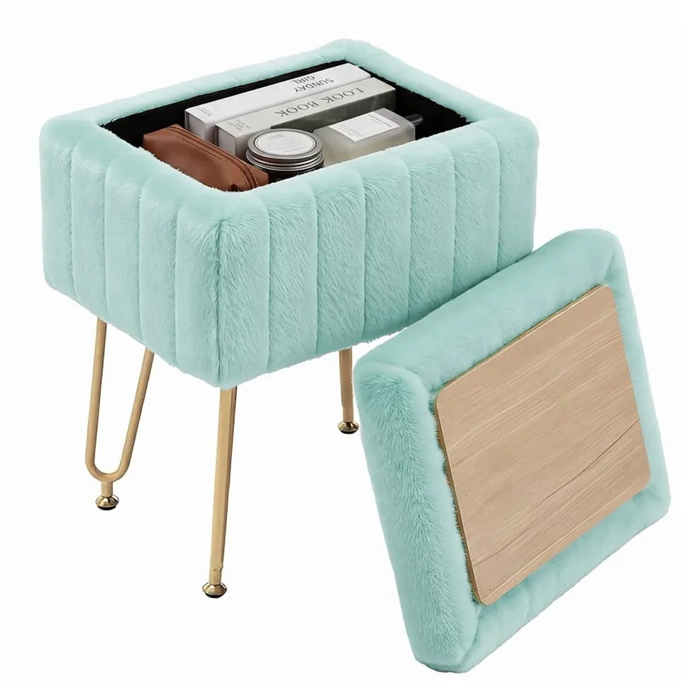 A Luxurious Seating Chair With Storage Function, A Small Oval Leather Imitation-fur Soft Cushioned Footstool, Equipped With 4 Metal Legs view 2