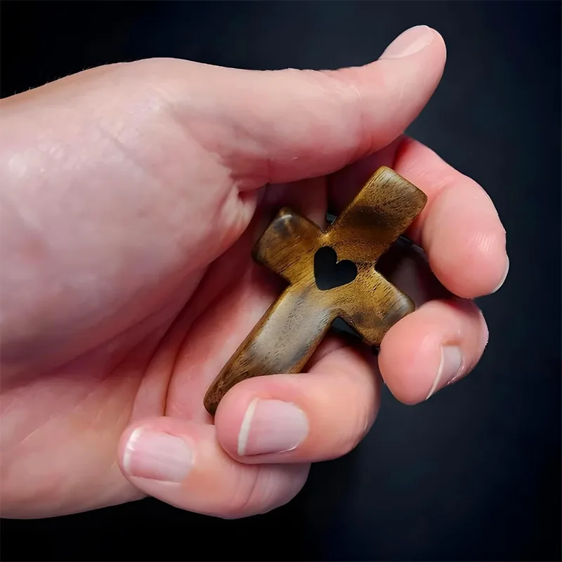 2Pcs Cross My Heart, Encouragement Gift, Relieve Anxiety Comfort For Clutching, Clinging And Praying, Wooden Cross Fidget, Pocket Olive Wood Crosses Religious Gift view 2