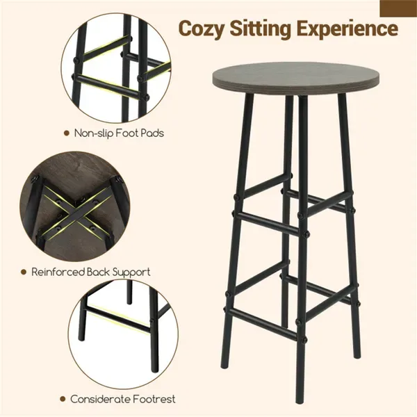 3PCS Bar Table & Stools Set, Wine Storage (6 Bottles + Wine Glass Holder), Oak view 4