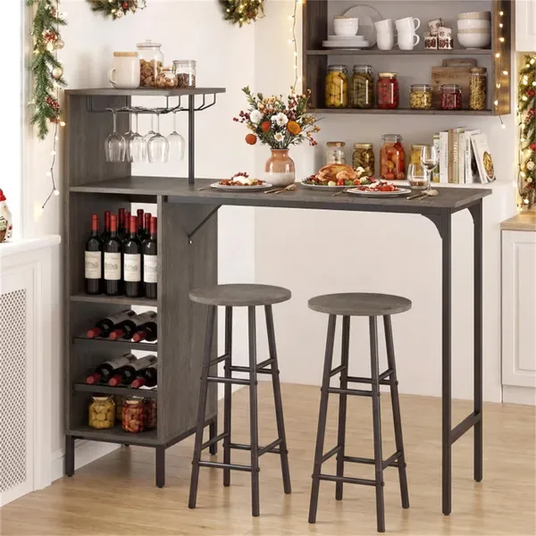 3PCS Bar Table & Stools Set, Wine Storage (6 Bottles + Wine Glass Holder), Oak view 2