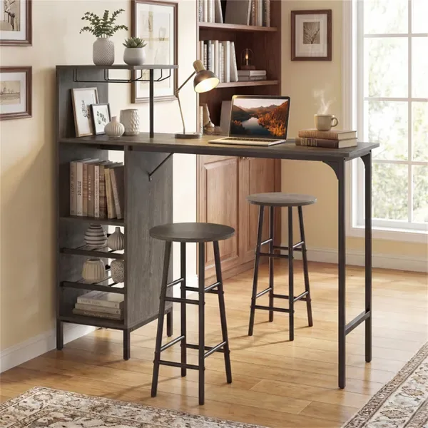 3PCS Bar Table & Stools Set, Wine Storage (6 Bottles + Wine Glass Holder), Oak view 3