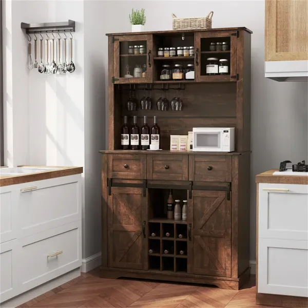Brown Farmhouse 72" Pantry Cabinet With Hutch, Sliding Barn Doors & Wine Storage Rack view 2