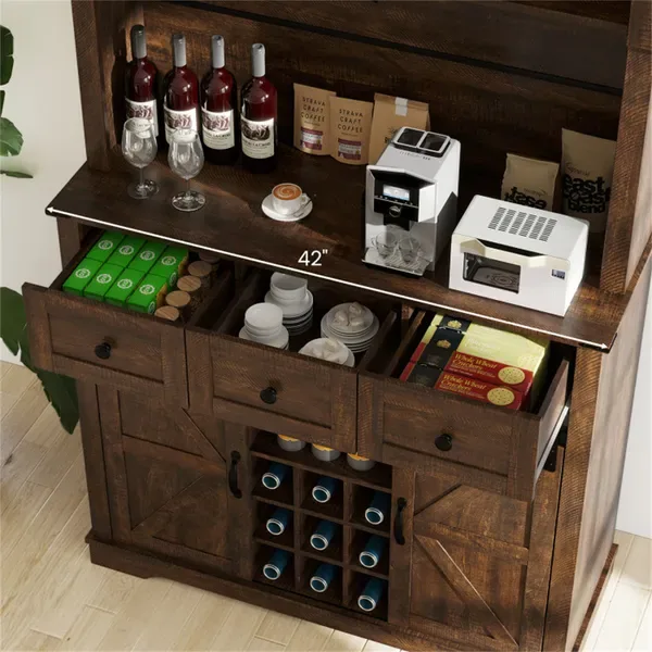 Brown Farmhouse 72" Pantry Cabinet With Hutch, Sliding Barn Doors & Wine Storage Rack view 3