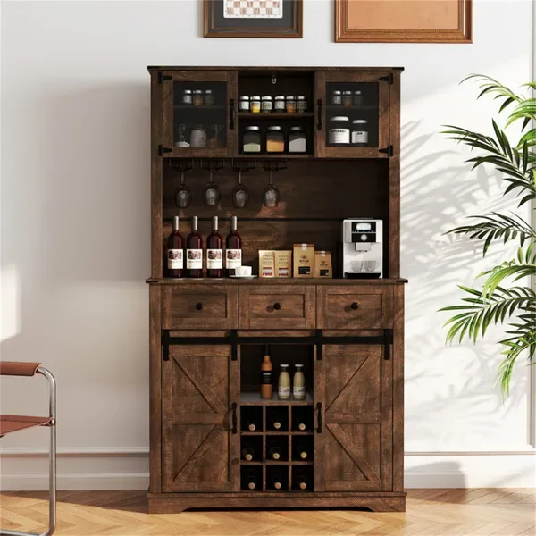Brown Farmhouse 72" Pantry Cabinet With Hutch, Sliding Barn Doors & Wine Storage Rack view 4