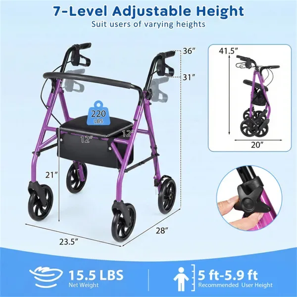 2-in-1 Rollator Walker With Seat (Purple), 8-Inch Large Wheels & Versatile Braking System, Adjustable Height view 2