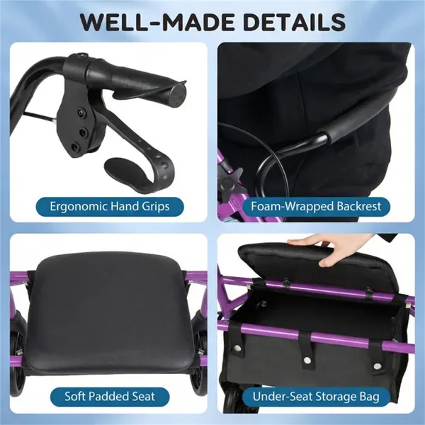 2-in-1 Rollator Walker With Seat (Purple), 8-Inch Large Wheels & Versatile Braking System, Adjustable Height view 3