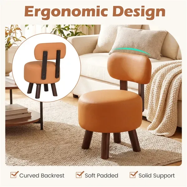 2-Piece Orange Small Footstools, Faux Leather Upholstery & Solid Rubber Wood Legs, 330LBS Load Capacity view 2