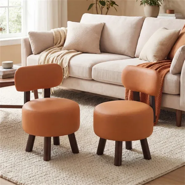 2-Piece Orange Small Footstools, Faux Leather Upholstery & Solid Rubber Wood Legs, 330LBS Load Capacity view 3