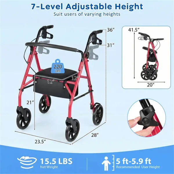 2-in-1 Rollator Walker With Seat (Red), 8-Inch Large Wheels & Versatile Braking System, Adjustable Height view 4