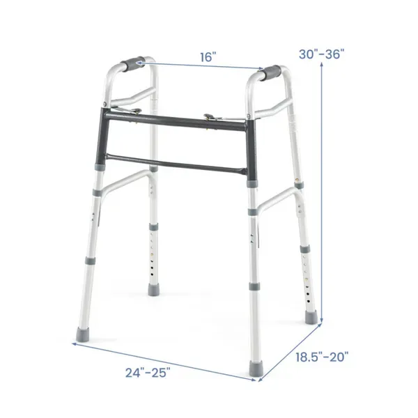 Silver Foldable Walker, 2-Button Folding Mechanism & 7-Level Adjustable Height (30"-36"), 350LBS Capacity view 3