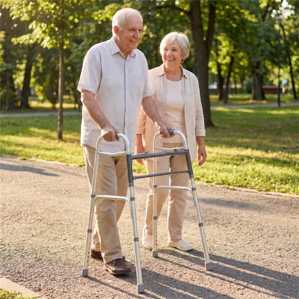 Silver Foldable Walker, 2-Button Folding Mechanism & 7-Level Adjustable Height (30"-36"), 350LBS Capacity view 4