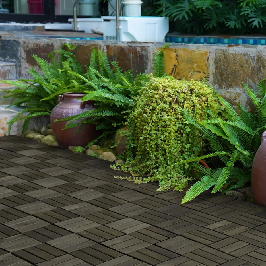 Acacia Wood Interlocking Deck Tiles Checker Pattern, 10PCS 12inch X 12inch Square Dark Brown Acacia Hardwood Outdoor Flooring For Patio view 3