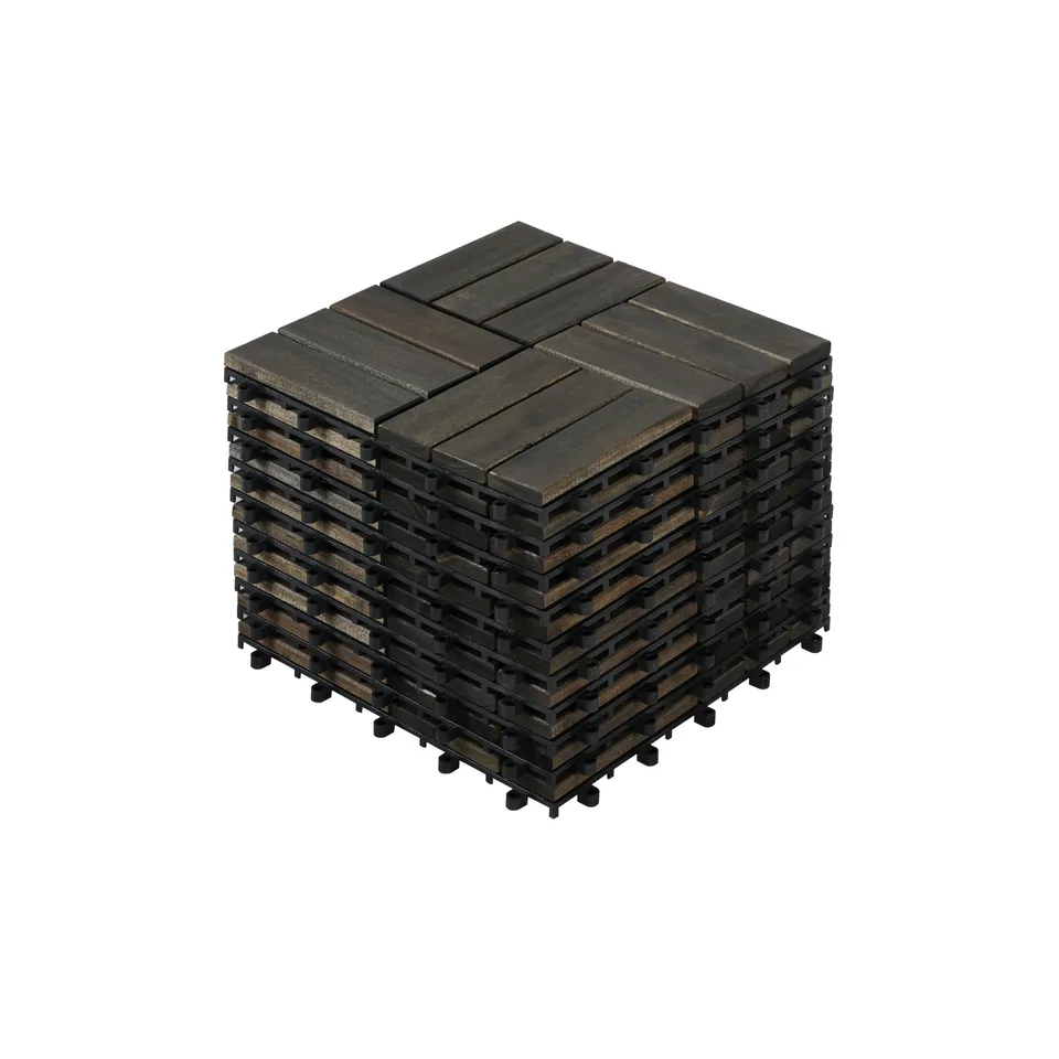 Acacia Wood Interlocking Deck Tiles Checker Pattern, 10PCS 12inch X 12inch Square Dark Brown Acacia Hardwood Outdoor Flooring For Patio, Bancony, Pool Side