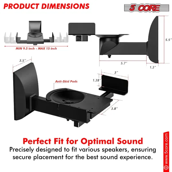 5 CORE Speaker Wall Mount Adjustable Shelf Holder Swivel 180 Degree Bookshelf Brackets - 15 Inch Space For Speakers Pair Holds Upto 55lbs view 5
