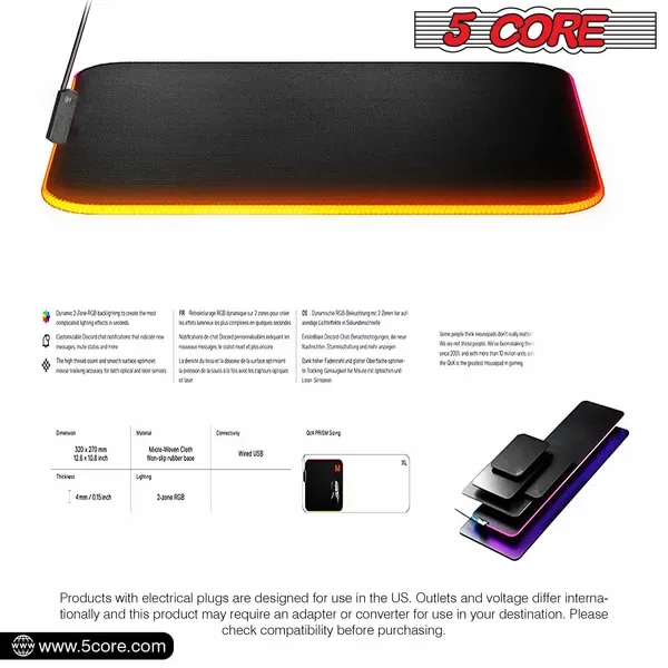 5 Core Gaming Mouse Pad RGB 12 Light Modes 2 Zone Desk Mouse Mat W Rubber Base view 5