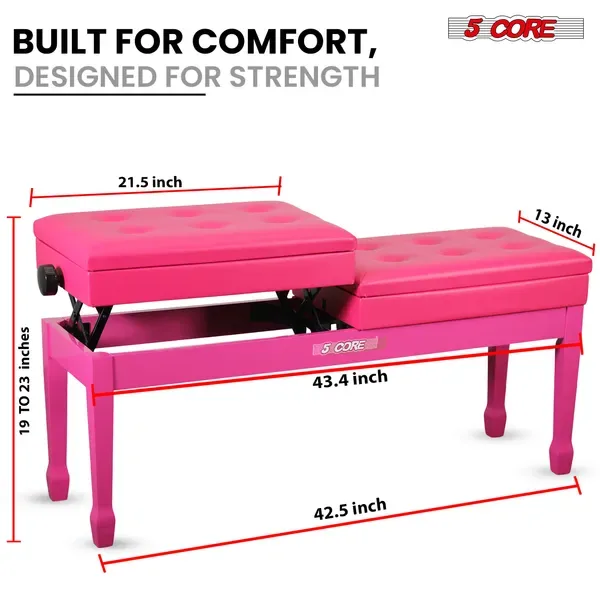 5 Core Duet Piano Bench 3.5 Inch Padded Cushioned Stool Wooden Heavy Duty Musician Chair Height Adjustable Double Keyboard Seat W Storage view 4