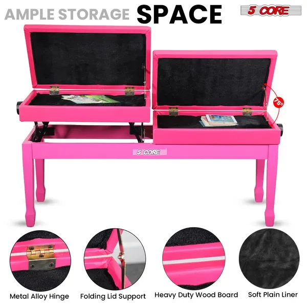 5 Core Duet Piano Bench 3.5 Inch Padded Cushioned Stool Wooden Heavy Duty Musician Chair Height Adjustable Double Keyboard Seat W Storage view 2