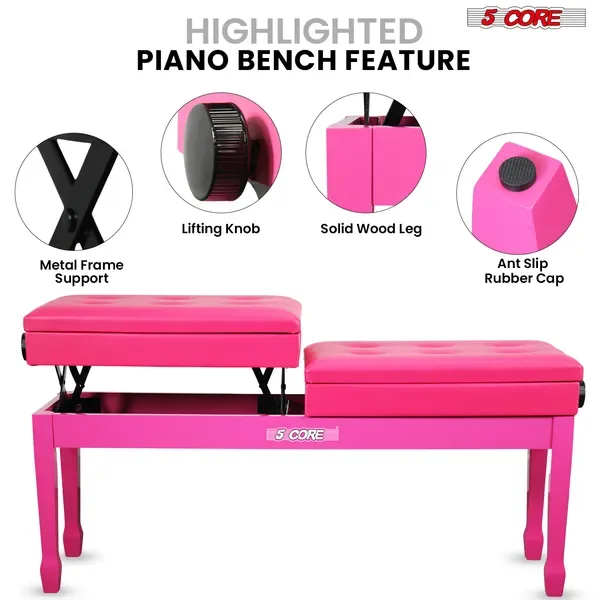 5 Core Duet Piano Bench 3.5 Inch Padded Cushioned Stool Wooden Heavy Duty Musician Chair Height Adjustable Double Keyboard Seat W Storage view 3