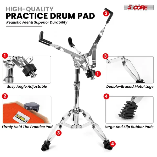 5 Core Drum Practice Pad Set 12" Adjustable Snare Drumming Stand Double Sided Silent Drummer Kit - DPAD COMBO ORG view 2