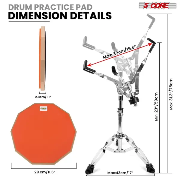 5 Core Drum Practice Pad Set 12" Adjustable Snare Drumming Stand Double Sided Silent Drummer Kit - DPAD COMBO ORG view 4