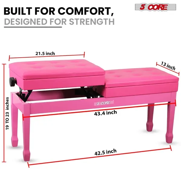 5 Core Duet Piano Bench 3.5 Inch Padded Cushioned Stool Wooden Heavy Duty Musician Chair Height Adjustable Double Keyboard Seat W Storage Nonslip Pink - PNB DT PNK view 3