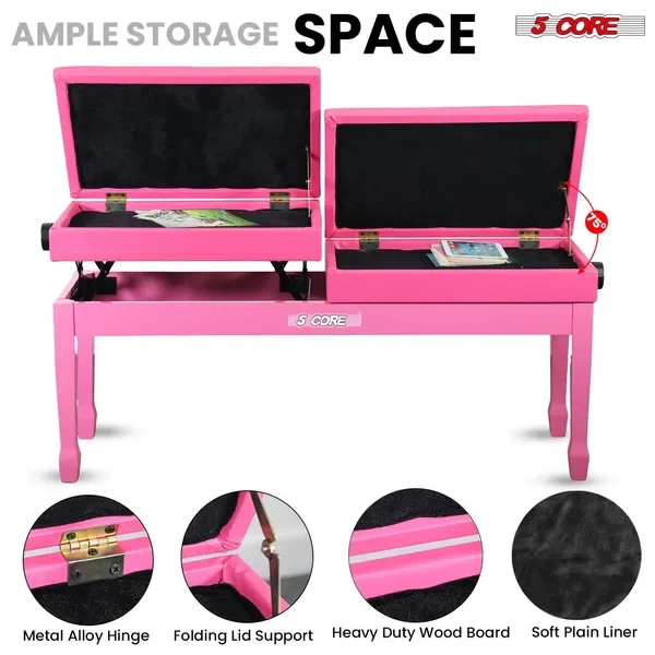 5 Core Duet Piano Bench 3.5 Inch Padded Cushioned Stool Wooden Heavy Duty Musician Chair Height Adjustable Double Keyboard Seat W Storage Nonslip Pink - PNB DT PNK view 2