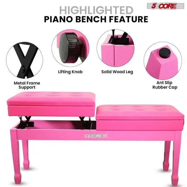 5 Core Duet Piano Bench 3.5 Inch Padded Cushioned Stool Wooden Heavy Duty Musician Chair Height Adjustable Double Keyboard Seat W Storage Nonslip Pink - PNB DT PNK view 4