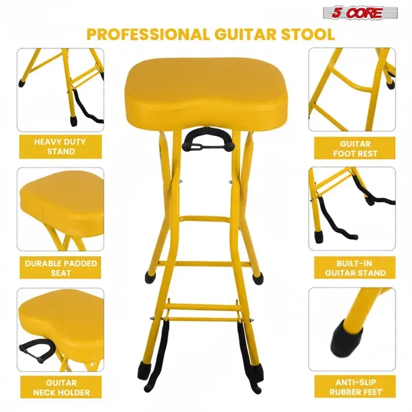 5 Core Guitar Stool 3.15" Padded Chair Foldable Heavy Duty Music Seat Built In Foot Rest Guitar Stand view 3