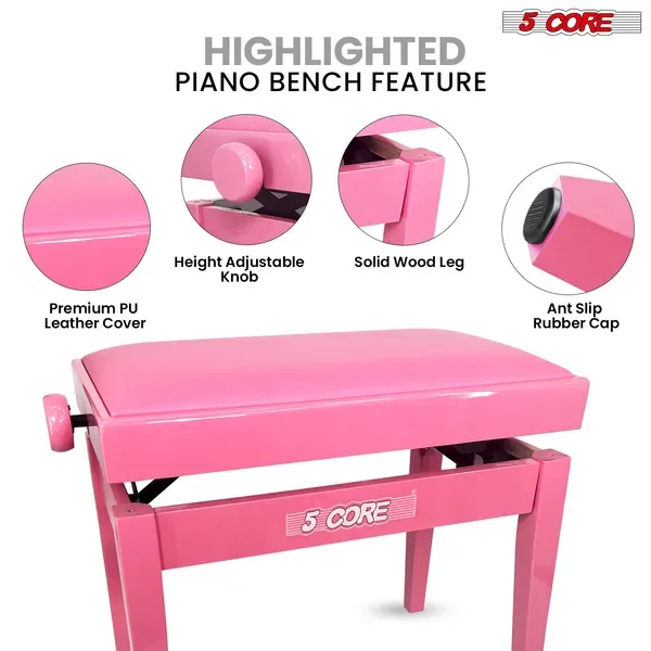 5 Core Adjustable Piano Bench Thick 3.25" Solid Wood Keyboard Stool Heavy Duty Musician Chair view 4