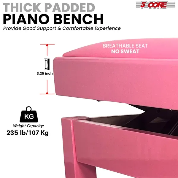 5 Core Adjustable Piano Bench Thick 3.25" Solid Wood Keyboard Stool Heavy Duty Musician Chair view 2