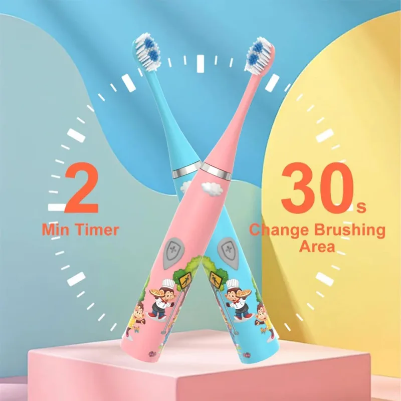 Children Sonic Electric Toothbrush IPX6 Waterproof Colorful Cartoon For Kid Use Soft Bristle Replaceable With 6 Tooth Brush Heads view 2