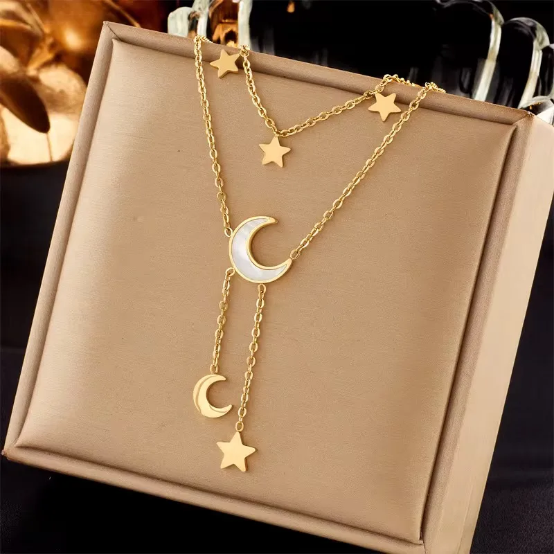 Moon And Stars Necklace Gold Layered Chain Astrology Jewelry view 3