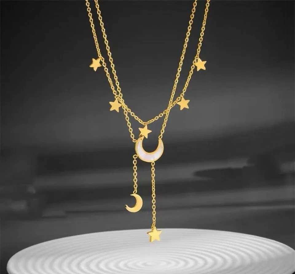 Moon And Stars Necklace Gold Layered Chain Astrology Jewelry view 1
