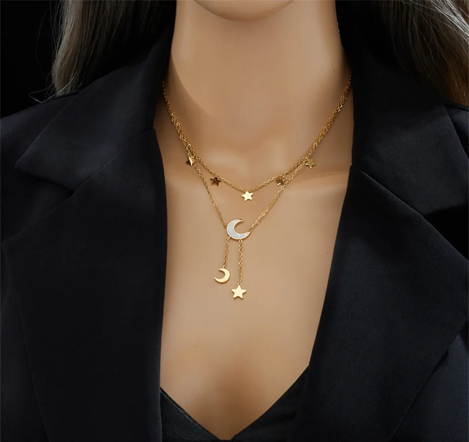 Moon And Stars Necklace Gold Layered Chain Astrology Jewelry view 4